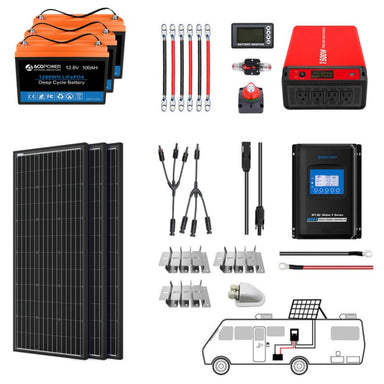 Lithium Battery Mono Solar Power Complete System with Battery and Inverter for RV Boat 12V Off Grid Kit - Li300Ah 1.5kW - 300W MPPT30A (HYL300AH-M300W)