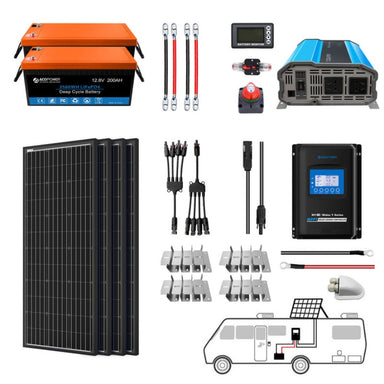 Lithium Battery Mono Solar Power Complete System with Battery and Inverter for RV Boat 12V Off Grid Kit - Li400Ah 3kW - 400W MPPT40A (HYL400AH-M400W)