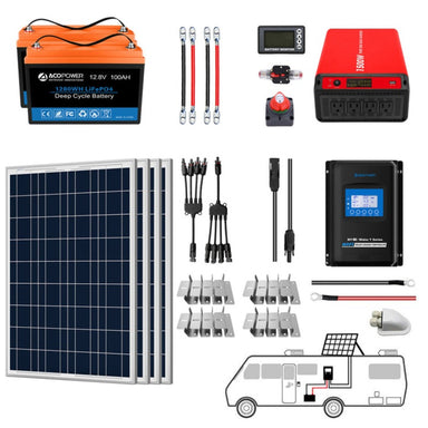 Lithium Battery Poly Solar Power Complete System with Battery and Inverter for RV Boat 12V Off Grid Kit - Li200Ah 1.5kW - 400W MPPT40A (HYL200AH-P400W)