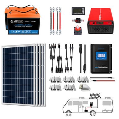 Lithium Battery Poly Solar Power Complete System with Battery and Inverter for RV Boat 12V Off Grid Kit - Li200Ah 1.5kW - 500W MPPT40A (HYL200AH-P500W)