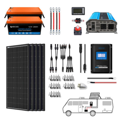 Lithium Battery Mono Solar Power Complete System with Battery and Inverter for RV Boat 12V Off Grid Kit - Li400Ah 3kW - 500W MPPT40A (HYL400AH-M500W)