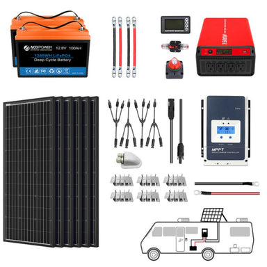 ACOPOWER Lithium Battery Mono Solar Power Complete System with Battery and Inverter for RV Boat 12V Off Grid Kit - Li200Ah 1.5kW - 600W MPPT50A (HYL200AH-M600W)