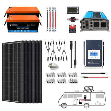 Lithium Battery Mono Solar Power Complete System with Battery and Inverter for RV Boat 12V Off Grid Kit - Li400Ah 3kW - 600W MPPT50A (HYL400AH-M600W)