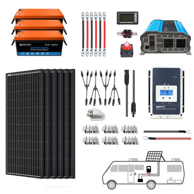 Lithium Battery Mono Solar Power Complete System with Battery and Inverter for RV Boat 12V Off Grid Kit - Li600Ah 3kW - 600W MPPT50A (HYL600AH-M600W)