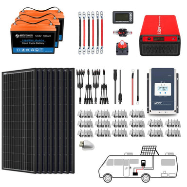 Lithium Battery Mono Solar Power Complete System with Battery and Inverter for RV Boat 12V Off Grid Kit - Li300Ah 1.5kW - 800W MPPT60A (HYL300AH-M800W)