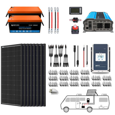 Lithium Battery Mono Solar Power Complete System with Battery and Inverter for RV Boat 12V Off Grid Kit - Li400Ah 3kW - 800W MPPT60A (HYL400AH-M800W)