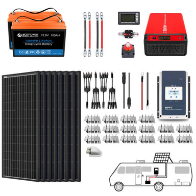 Lithium Battery Mono Solar Power Complete System with Battery and Inverter for RV Boat 12V Off Grid Kit - Li200Ah 1.5kW - 800W MPPT60A (HYL200AH-M800W)