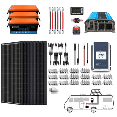 Lithium Battery Mono Solar Power Complete System with Battery and Inverter for RV Boat 12V Off Grid Kit - Li600Ah 3kW - 800W MPPT60A (HYL600AH-M800W)