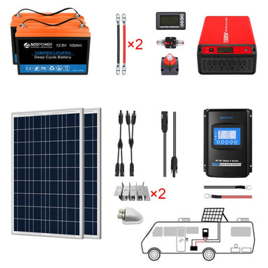 Lithium Battery Poly Solar Power Complete System with Battery and Inverter for RV Boat 12V Off Grid Kit - Li200Ah 1.5kW - 200W MPPT30A