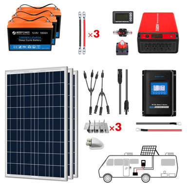 Lithium Battery Poly Solar Power Complete System with Battery and Inverter for RV Boat 12V Off Grid Kit - Li300Ah 1.5kW - 300W MPPT30A (HYL300AH-P300W)