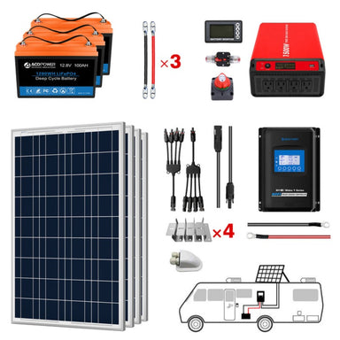 Lithium Battery Poly Solar Power Complete System with Battery and Inverter for RV Boat 12V Off Grid Kit - Li300Ah 1.5kW - 400W MPPT40A (HYL300AH-P400W)