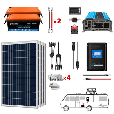Lithium Battery Poly Solar Power Complete System with Battery and Inverter for RV Boat 12V Off Grid Kit - Li400Ah 3kW - 400W MPPT40A (HYL400AH-P400W)