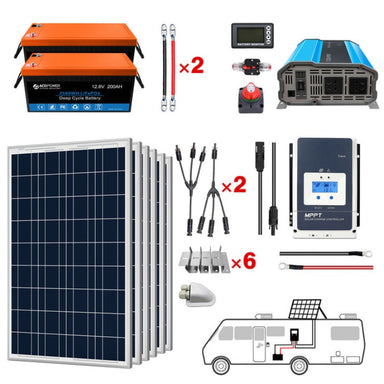 Lithium Battery Poly Solar Power Complete System with Battery and Inverter for RV Boat 12V Off Grid Kit - Li400Ah 3kW - 600W MPPT50A ( HYL400AH-P600W)