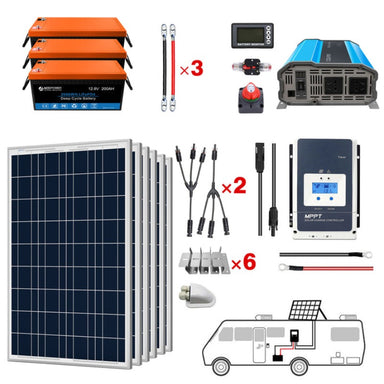 Lithium Battery Poly Solar Power Complete System with Battery and Inverter for RV Boat 12V Off Grid Kit - Li600Ah 3kW - 600W MPPT50A (HYL600AH-P600W)