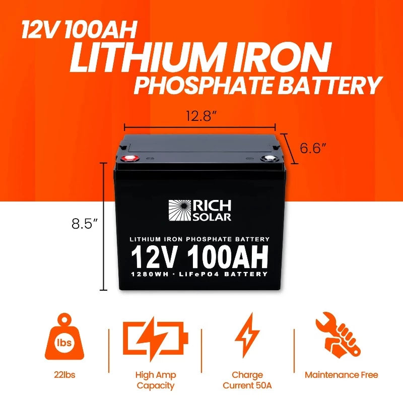 Richsolar 12V 100Ah LiFePO4 Lithium Iron Phosphate Battery SIZE