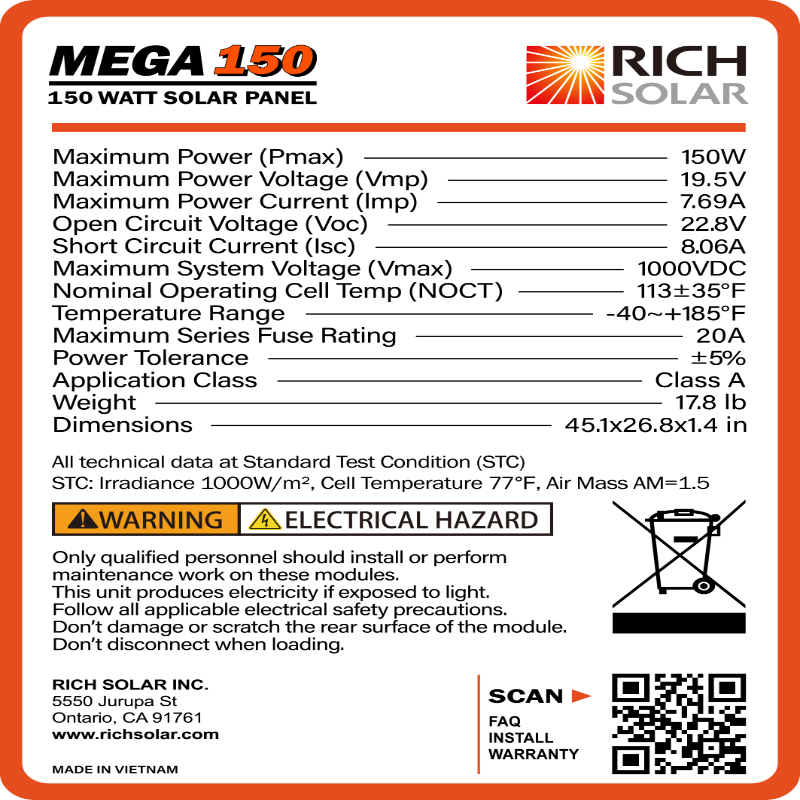 RICH SOLAR MEGA 150 Watt Solar Panel Details