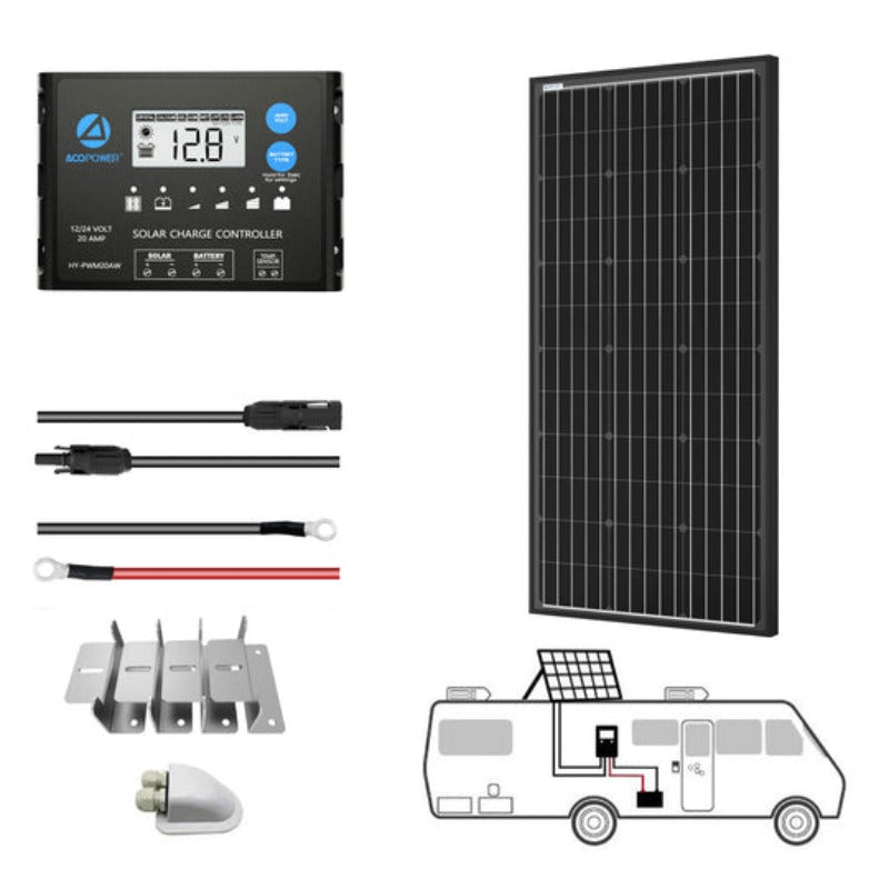 200 Watt 12 Volt Monocrystalline Solar RV Kit w/ 20A PWM Charge Controller (1x200W 20A Kit)