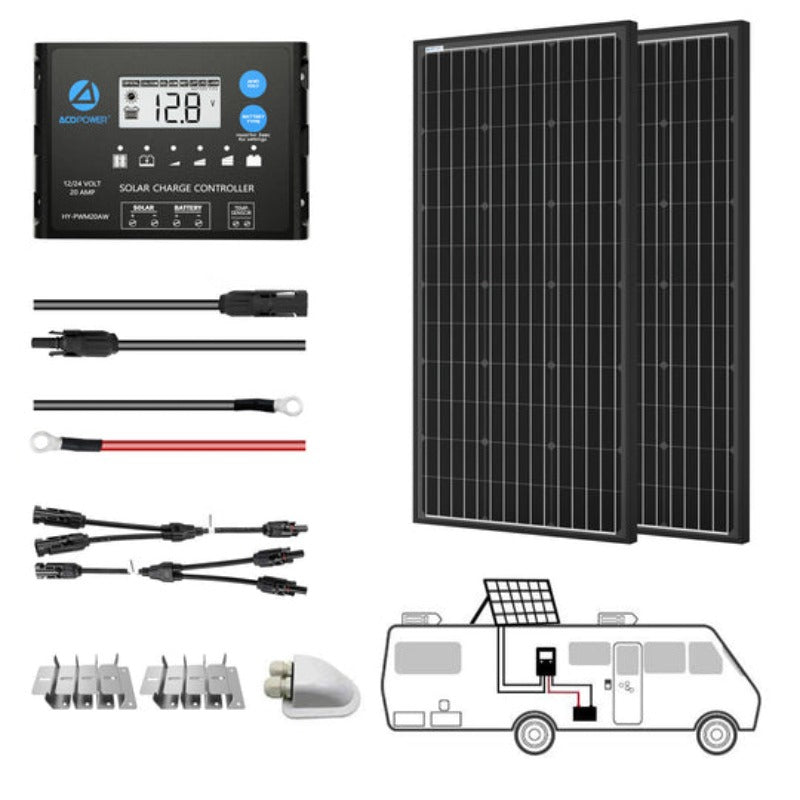 ACOPOWER 12V/24V 200W Mono Solar RV Kits, 20A PWM Charge Controller (2x100w 20A)