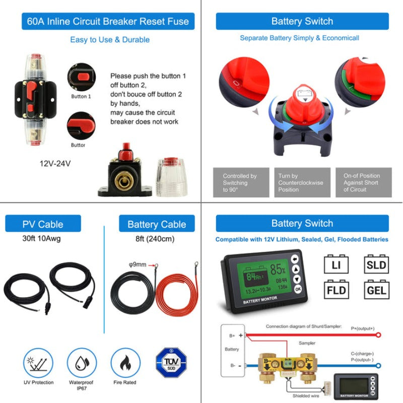 Flexible RV Solar System - Li200Ah 1.5kW - 660W MPPT60A (HYL200AH-F660W)