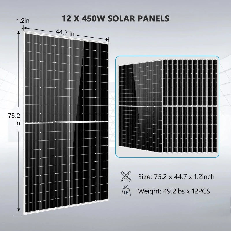 Sungold Power COMPLETE OFF GRID SOLAR KIT 12000W 48V 120V/240V OUTPUT 10.24KWH LITHIUM BATTERY 5400 WATT SOLAR PANEL SGK-12MAX Panel Size