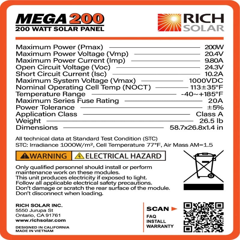 Richsolar Mega 200 Watt 12 Volt Solar Panel