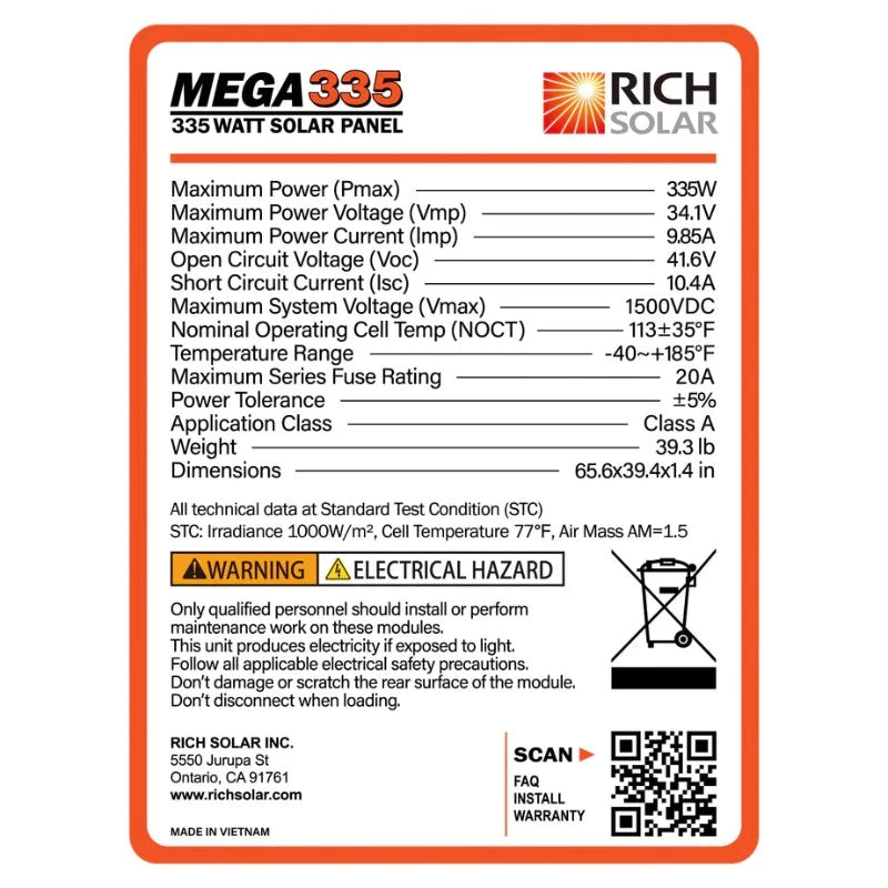Richsolar Mega 335 Watt 24 Volt Solar Panel Label