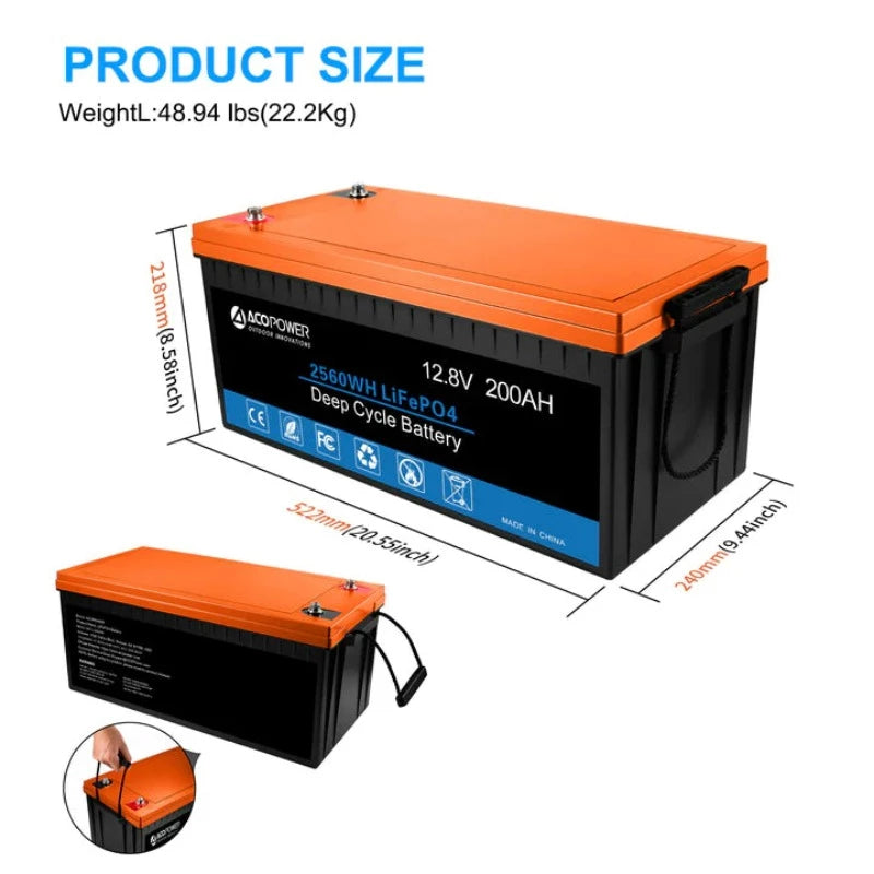Products ACOPower 12V 200Ah LiFePO4 Deep Cycle Lithium Battery Product Size