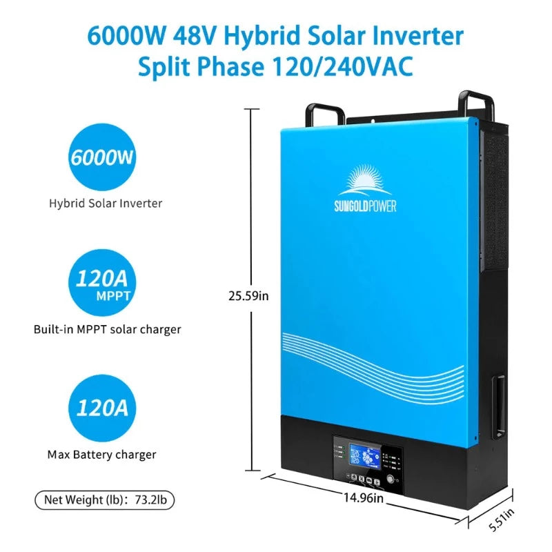 Sungold Power 6000W 48V HYBRID SOLAR INVERTER SPLIT PHASE 120/240VAC (GRID FEEDBACK & BATTERYLESS) Size